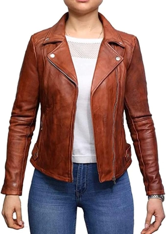 Womens Vintage Brown Cross Zip Slim Fit Genuine Real Leather Jacket