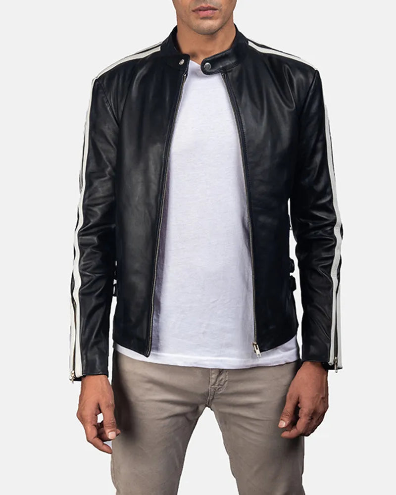 White & Black Leather Jacket for Men with Snap Button Collar