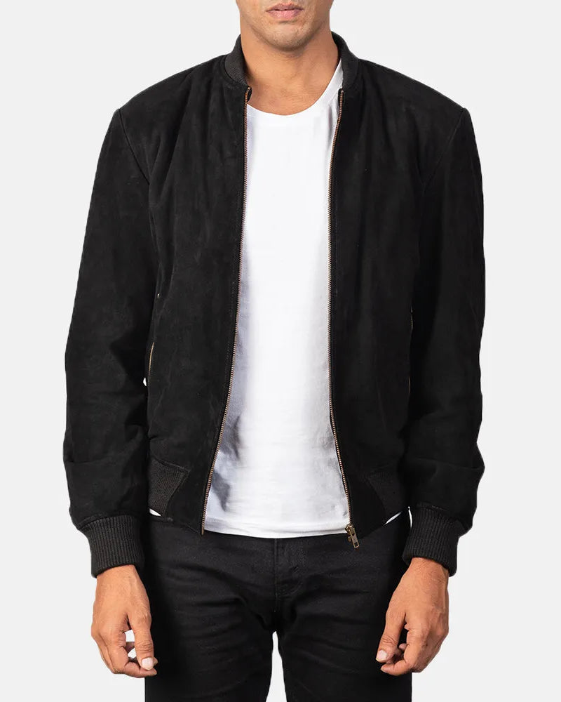 Suede Black Vintage Bomber Jacket in Varsity Style