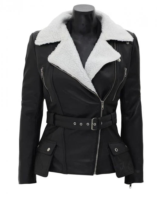 Verona Black Faux Fur Leather Jacket with Asymmetrical White Sherpa