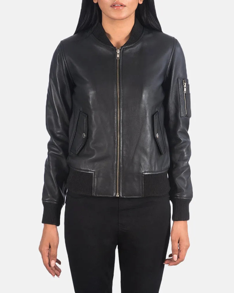 Women's Black Leather Bomber Jacket Winter