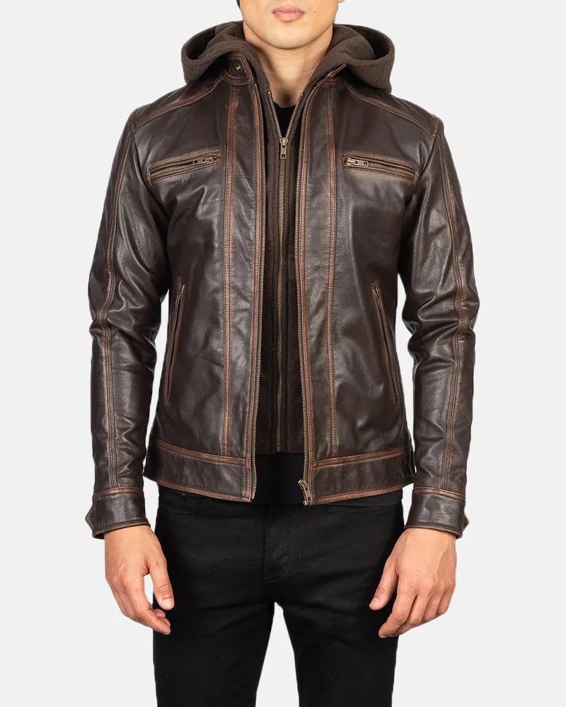 Vintage Brown Men's Motorcycle Jacket with Fabric Hood