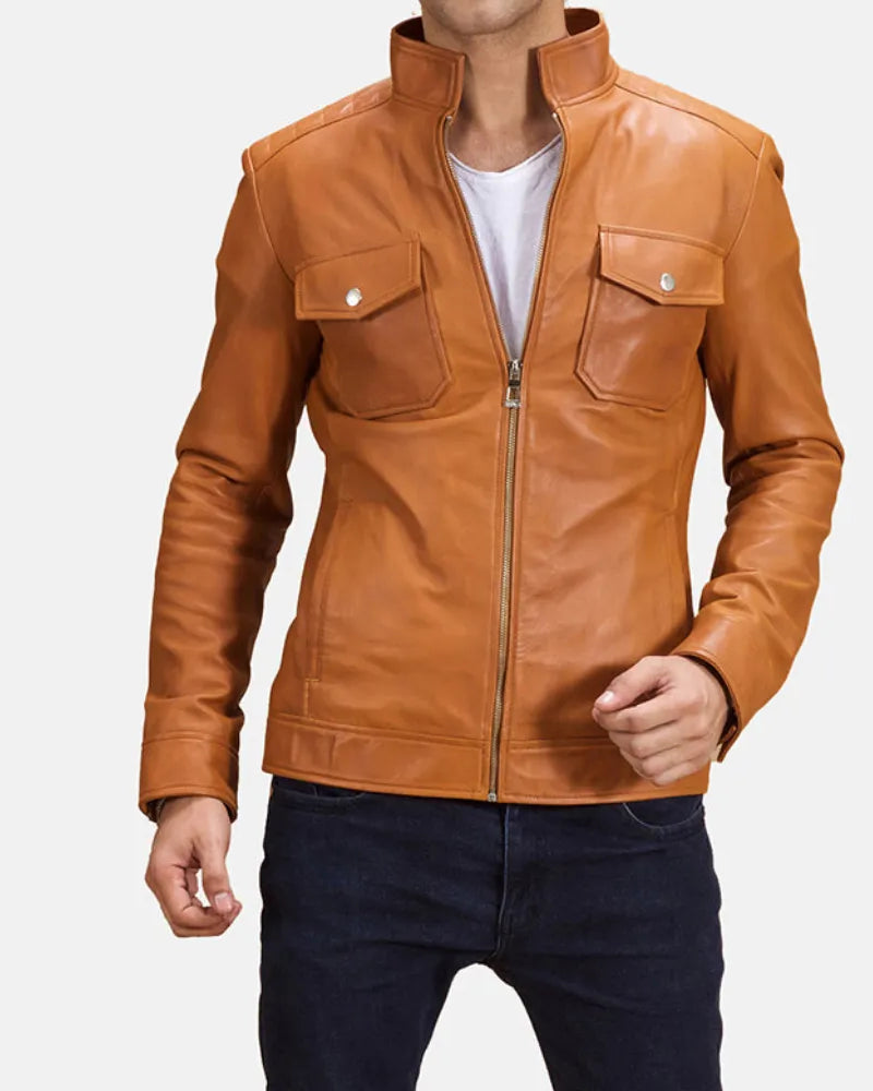 Tan Brown Men's Leather Jacket with Zipper