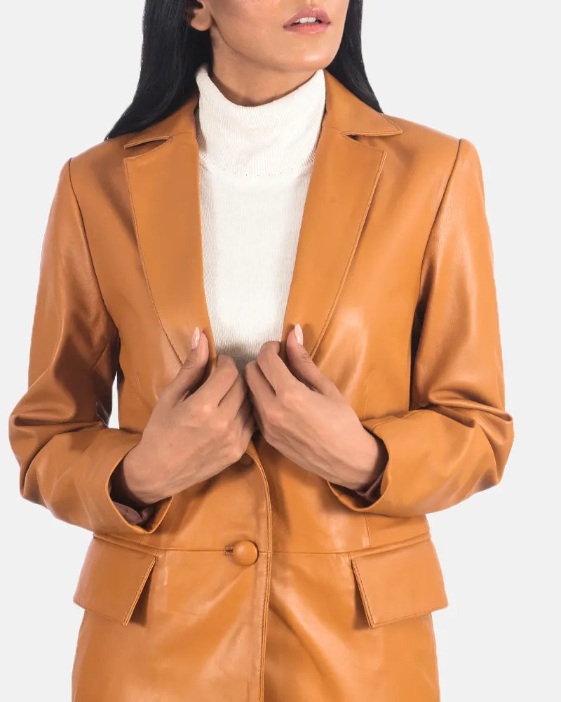Tan Brown Leather Blazer with Leather Button Closure