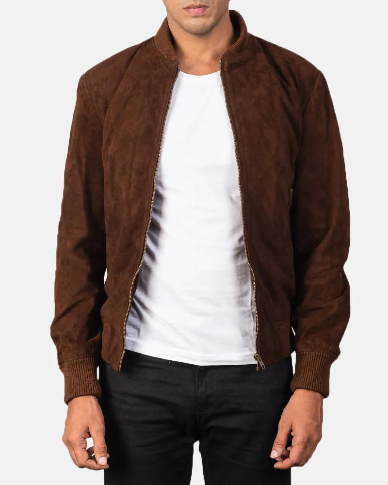Suede Bomber Dark Brown Real Leather Jacket For Men