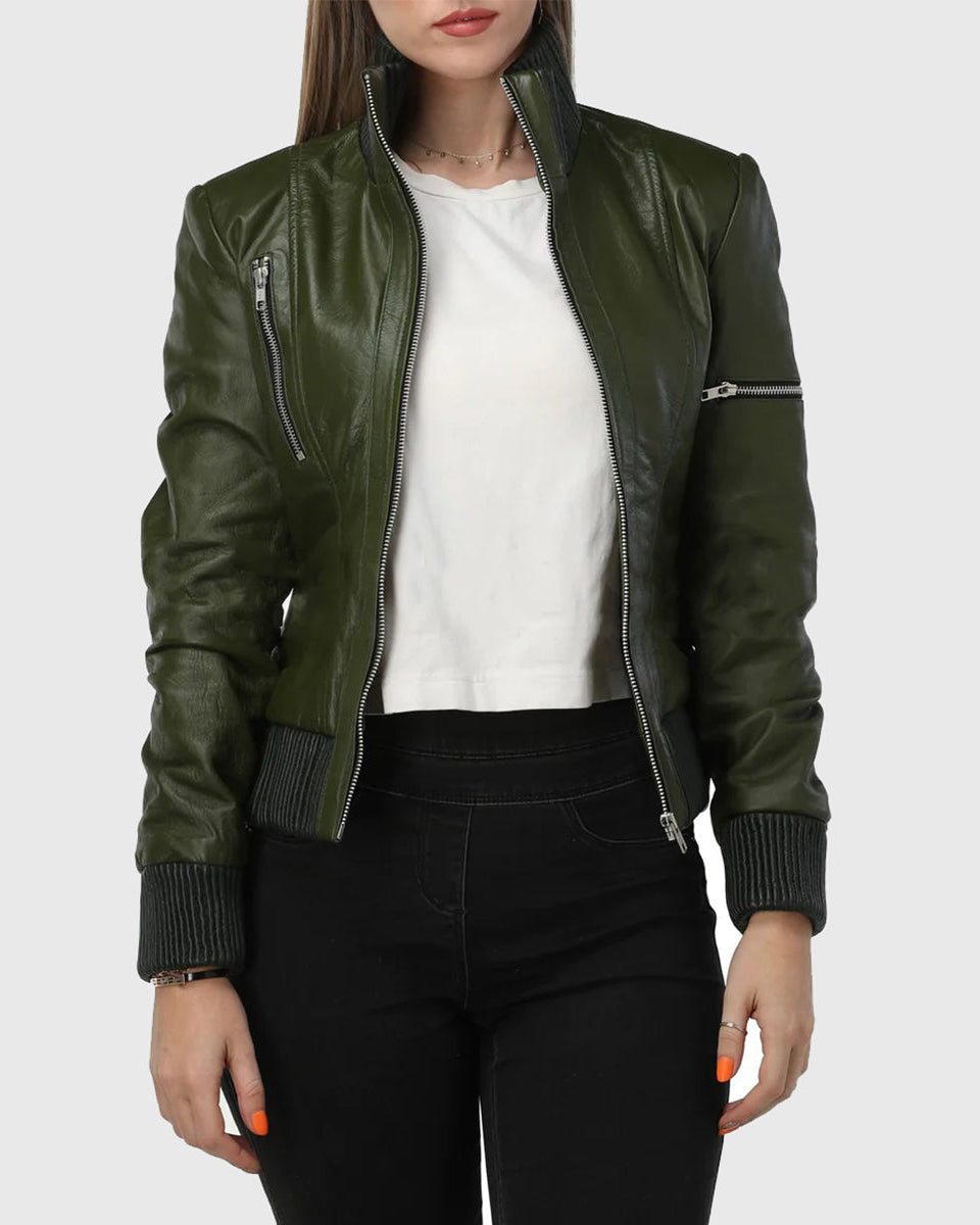 Women's Green Bomber Leather Jacket