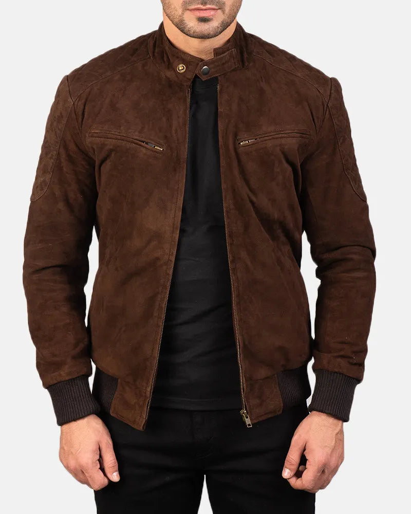 Suede Bomber Dark Brown Leather Jacket