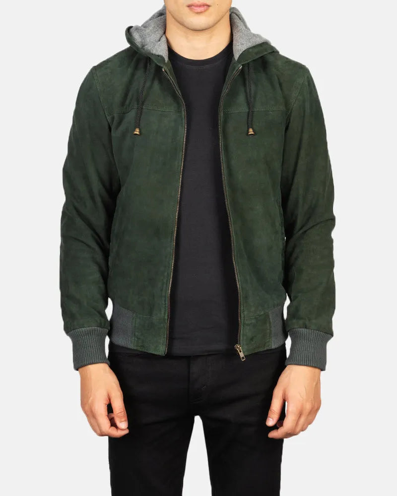 Suede Bomber Green Leather Jacket Men with Hood