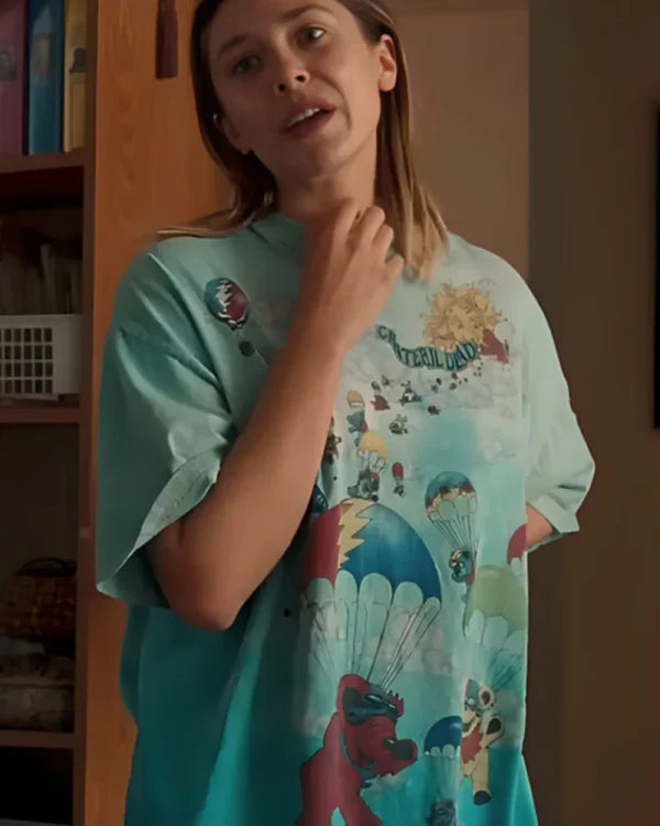 His Three Daughters 2024 Elizabeth Olsen Blue Shirt