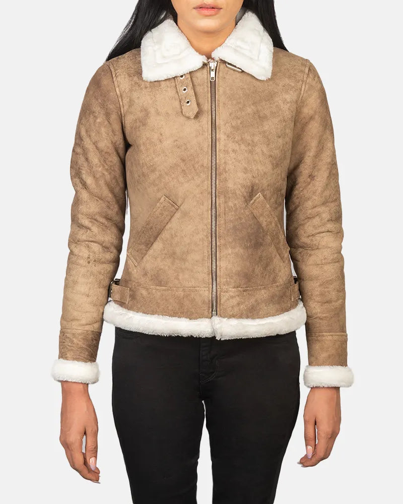 Women's Bomber Leather Jacket with Fur Brown