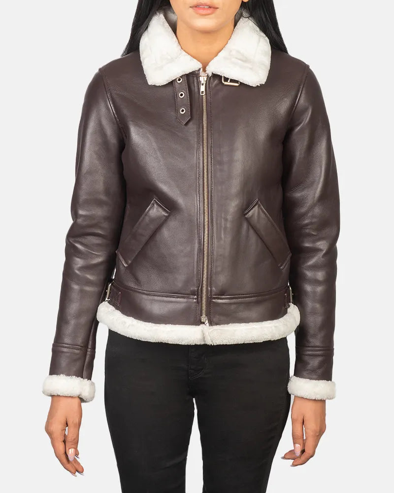 Women's Bomber Maroon Leather Coat with Zipper Closure