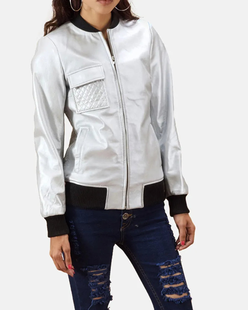 Women's Metallic Silver Leather Jacket with Zipper Closure