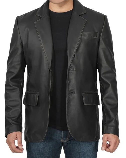 Samuel Black Two Button Mens Leather Blazer