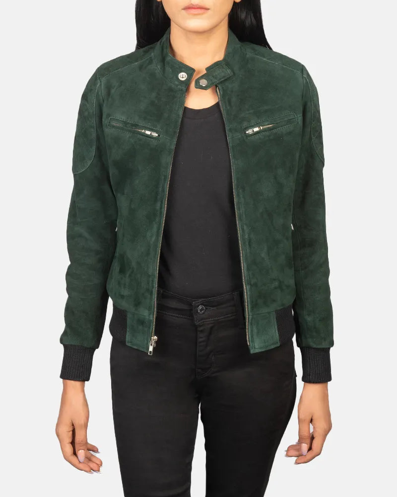 Suede Green Jacket Ladies - Band with Snap Button Collar