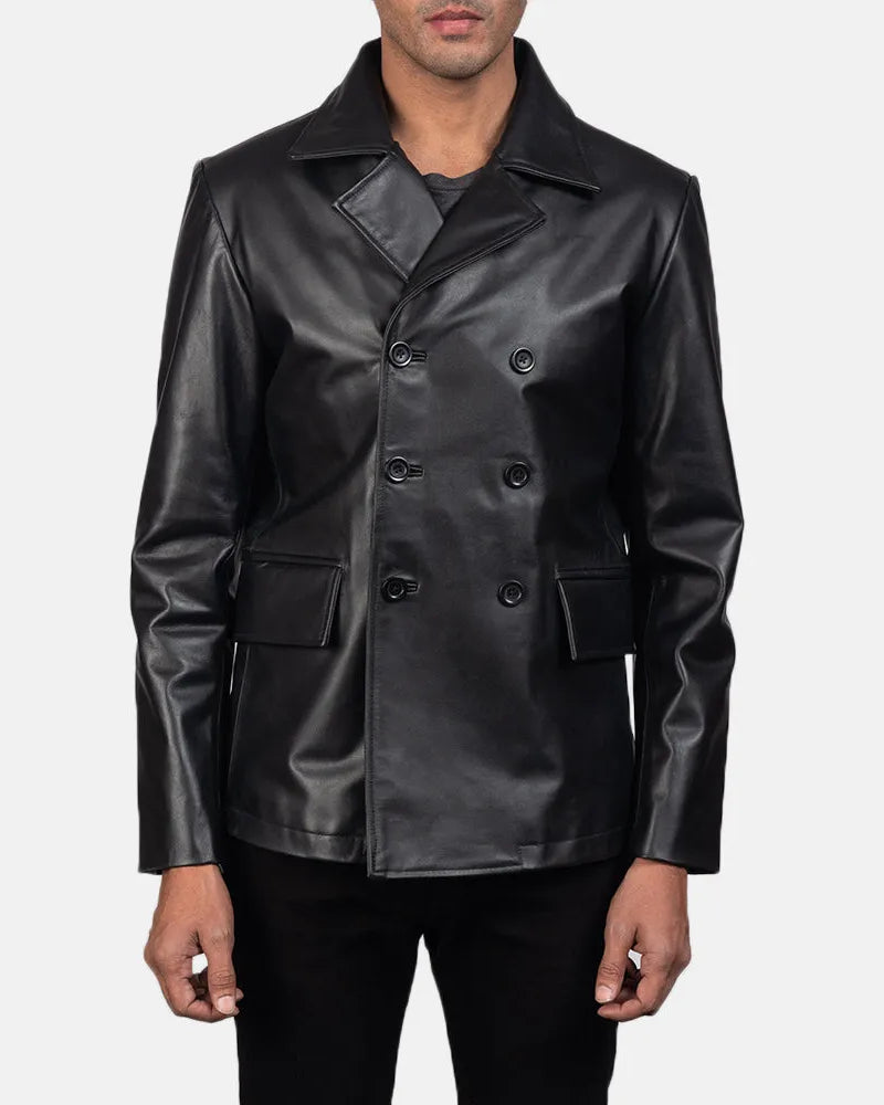 Vintage Black Leather Coat - Naval Peacoat