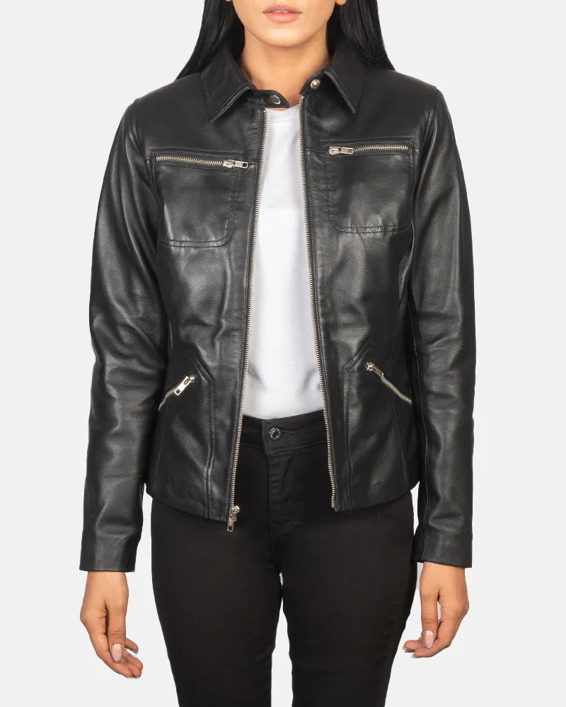 Women's Leather Jacket in Black - Shirt with snap button