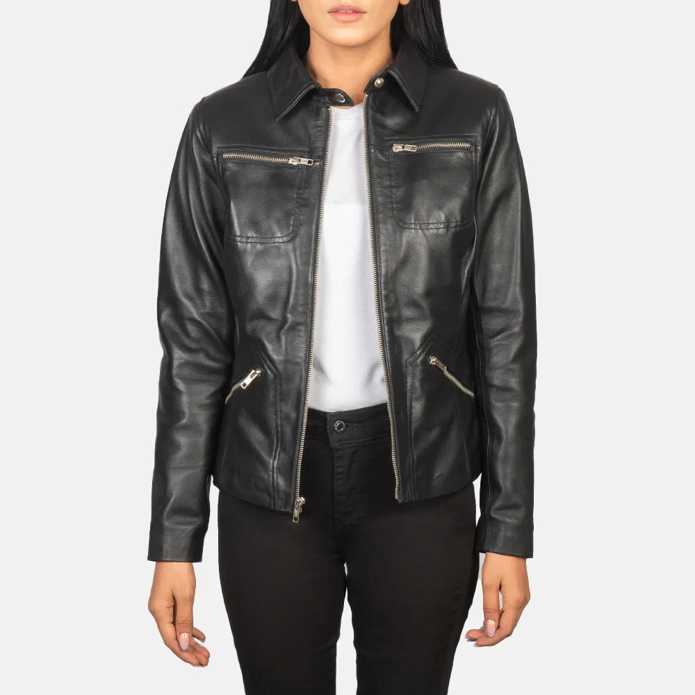 Women's Leather Jacket in Black - Shirt with snap button