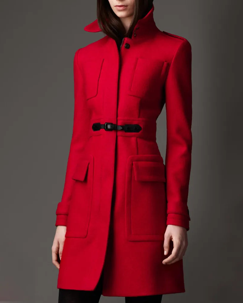 Women’s Military Buckle Detail Red Wool Coat