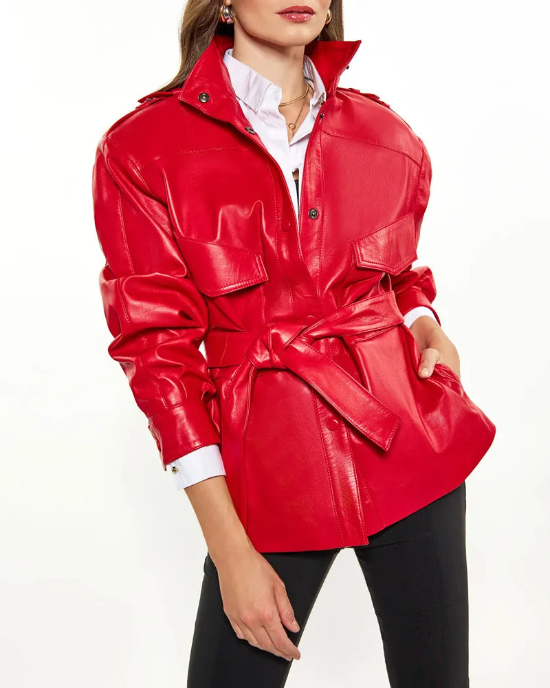 Women’s Red Long Belted Leather Jacket