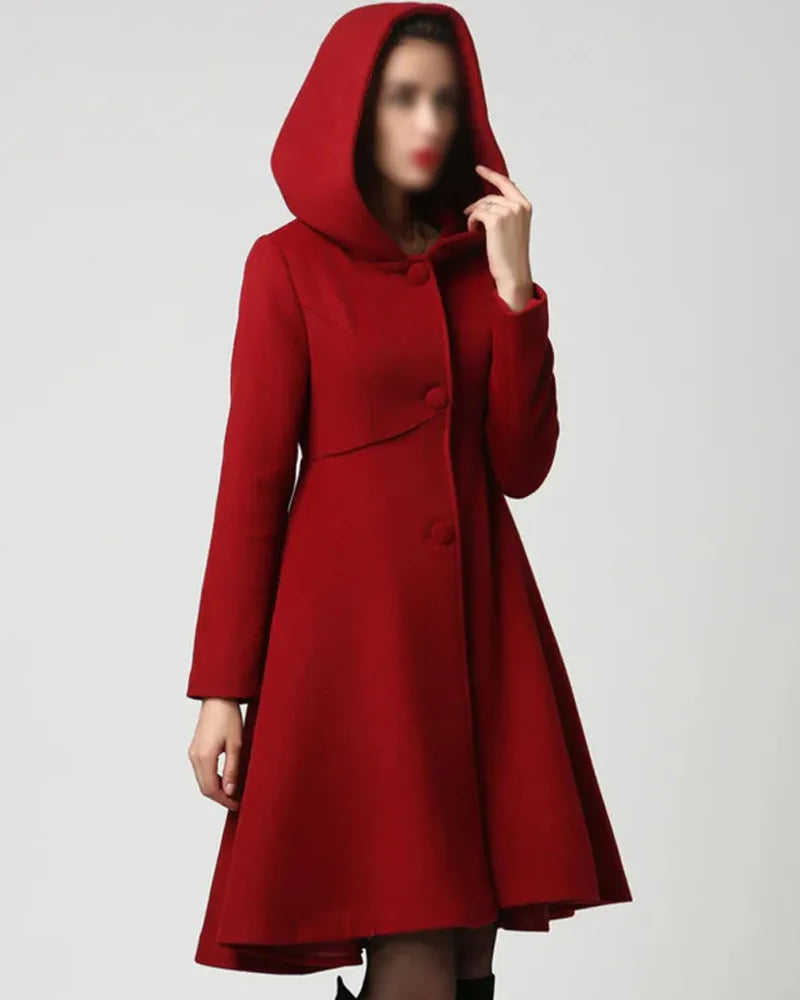 Women’s Red Wool Swing Coat with Hood