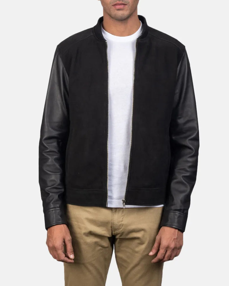 Wool Bomber Jacket in Black Colour & Real Leather