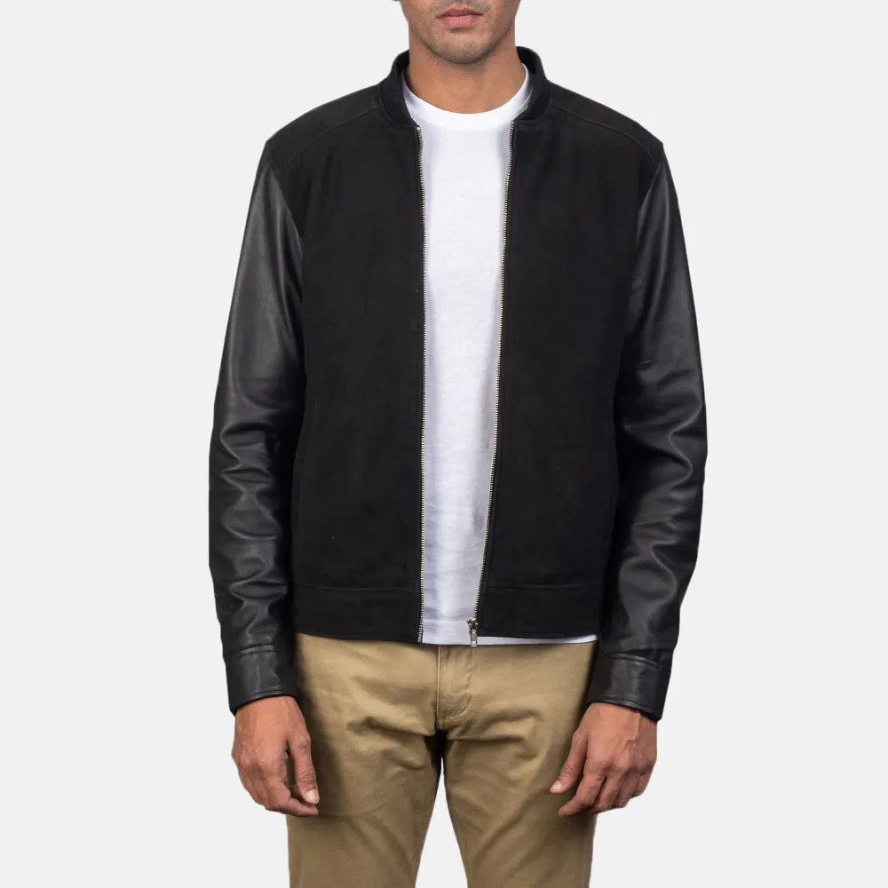 Wool Bomber Jacket in Black Colour & Real Leather